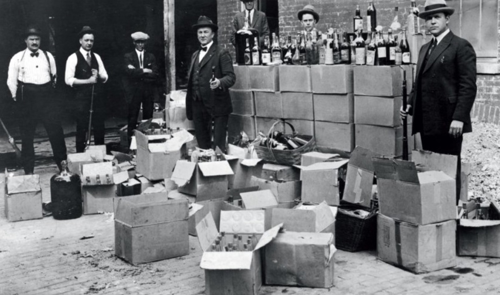 A haul of prohibited alcohol after a raid on speakeasy bars in New York